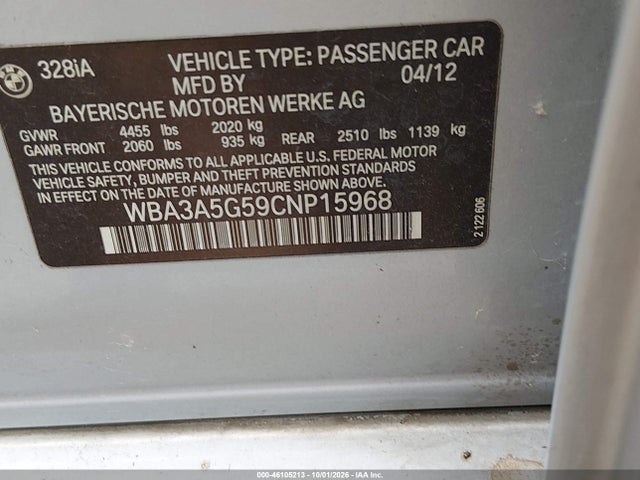 Aukcja sprzedaży 2012 Bmw 328i, vin: WBA3A5G59CNP15968, numer aukcji: 46105213