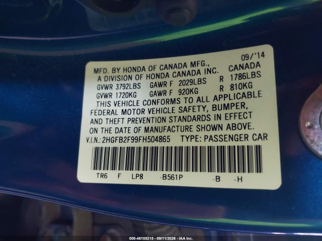 Aukcja sprzedaży 2015 Honda Civic Ex-l, vin: 2HGFB2F99FH504865, numer aukcji: 46105215