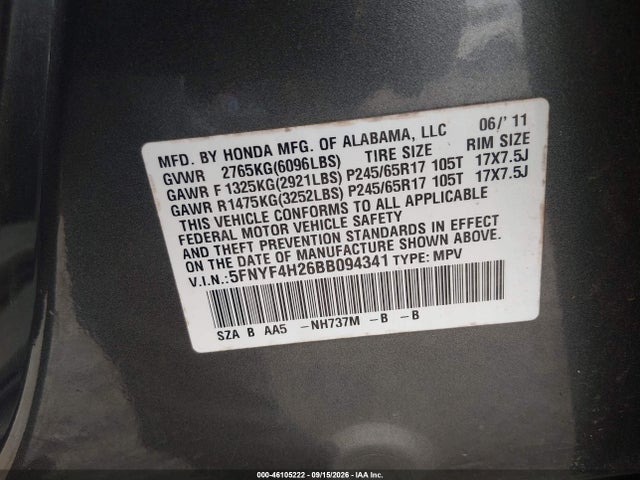 Продаж на аукціоні авто 2011 Honda Pilot Lx, vin: 5FNYF4H26BB094341, номер лоту: 46105222
