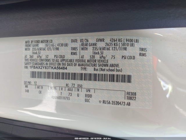 46105228 :رقم المزاد ، 1FBAX2Y83TKA56484 vin ، 2026 Ford Transit-350 Passenger Van Xlt مزاد بيع