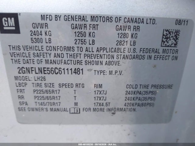 46105230 :رقم المزاد ، 2GNFLNE56C6111481 vin ، 2012 Chevrolet Equinox 2lt مزاد بيع