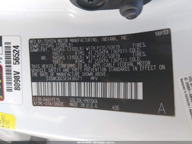Aukcja sprzedaży 2014 Toyota Sienna Se 8 Passenger, vin: 5TDXK3DC5ES436071, numer aukcji: 46105238