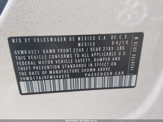 46105246 :رقم المزاد ، 3VWD17AJ5FM344375 vin ، 2015 Volkswagen Jetta 1.8t Sport مزاد بيع