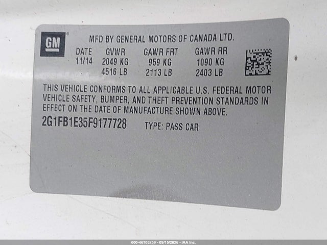 46105259 :رقم المزاد ، 2G1FB1E35F9177728 vin ، 2015 Chevrolet Camaro 2ls مزاد بيع