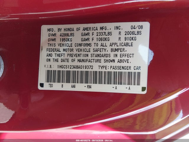 46105279 :رقم المزاد ، 1HGCS12348A019372 vin ، 2008 Honda Accord 2.4 Lx-s مزاد بيع