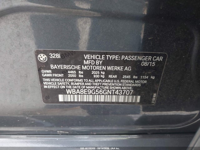 Продаж на аукціоні авто 2016 Bmw 328i, vin: WBA8E9G56GNT43707, номер лоту: 46105305