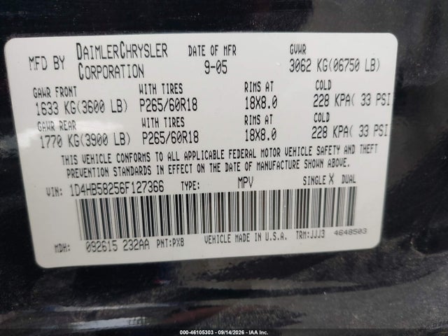 Продаж на аукціоні авто 2006 Dodge Durango Limited, vin: 1D4HB58256F127366, номер лоту: 46105303