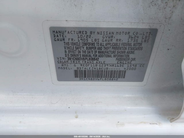 Aukcja sprzedaży 2023 Nissan Versa 1.6 S Xtronic Cvt, vin: 3N1CN8DV6PL808842, numer aukcji: 46105306