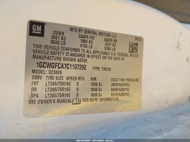 Aukcja sprzedaży 2012 Chevrolet Express 2500 Work Van, vin: 1GCWGFCA7C1197292, numer aukcji: 46105307