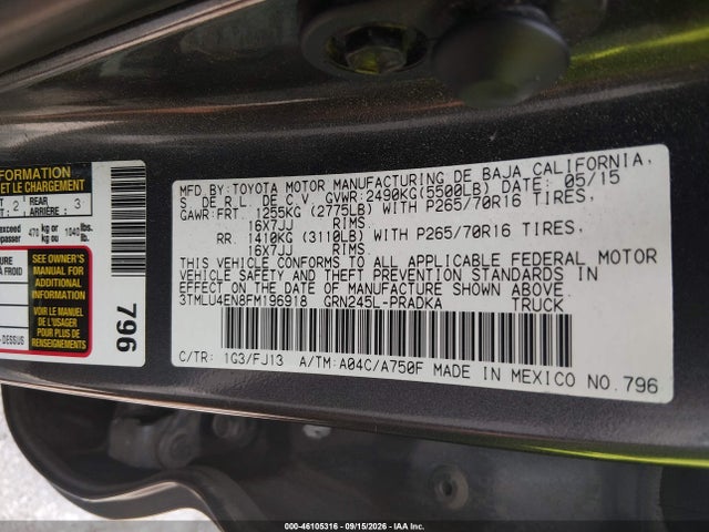 Продаж на аукціоні авто 2015 Toyota Tacoma Base V6, vin: 3TMLU4EN8FM196918, номер лоту: 46105316