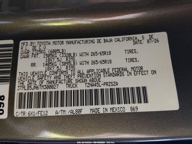 Aukcja sprzedaży 2026 Toyota Tacoma Trd Sport, vin: 3TMLB5JN6TM300027, numer aukcji: 46105324