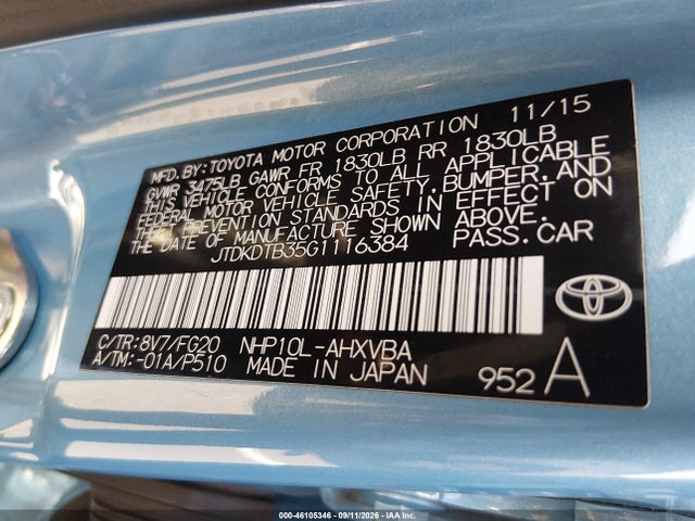 46105346 :رقم المزاد ، JTDKDTB35G1116384 vin ، 2016 Toyota Prius C Two مزاد بيع