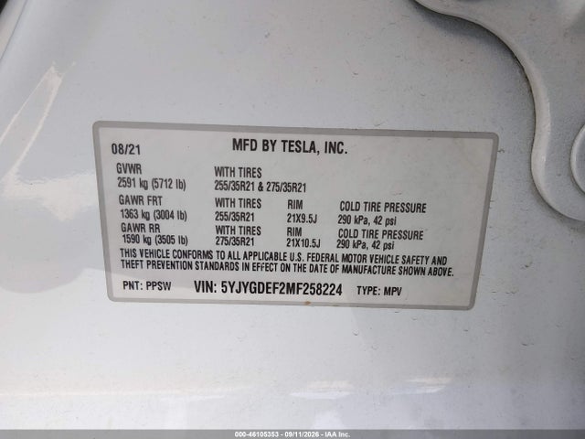 Aukcja sprzedaży 2021 Tesla Model Y Performance Dual Motor All-wheel Drive, vin: 5YJYGDEF2MF258224, numer aukcji: 46105353