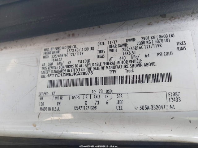 Aukcja sprzedaży 2018 Ford Transit-150, vin: 1FTYE1ZM6JKA29878, numer aukcji: 46105368