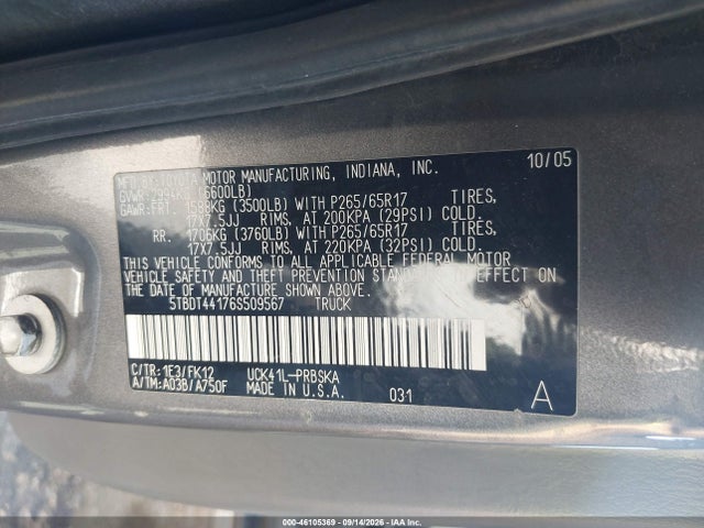 46105369 :رقم المزاد ، 5TBDT44176S509567 vin ، 2006 Toyota Tundra Sr5 V8 مزاد بيع