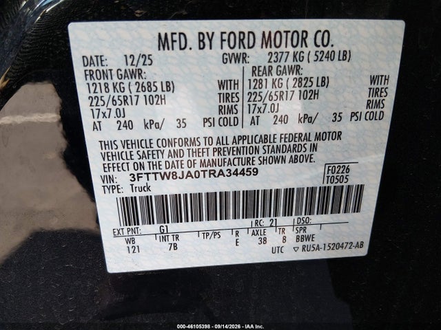 Aukcja sprzedaży 2026 Ford Maverick Xlt, vin: 3FTTW8JA0TRA34459, numer aukcji: 46105398