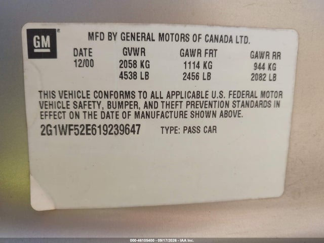 2001 Chevrolet Impala მანქანა იყიდება აუქციონზე, vin: 2G1WF52E619239647, აუქციონის ნომერი: 46105400