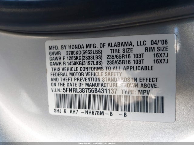 Aukcja sprzedaży 2006 Honda Odyssey Ex-l, vin: 5FNRL38756B431137, numer aukcji: 46105401