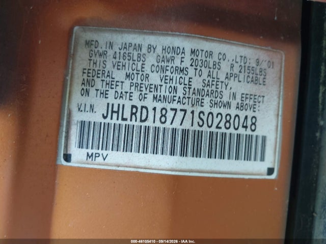 46105410 :رقم المزاد ، JHLRD18771S028048 vin ، 2001 Honda Cr-v Special Edition مزاد بيع