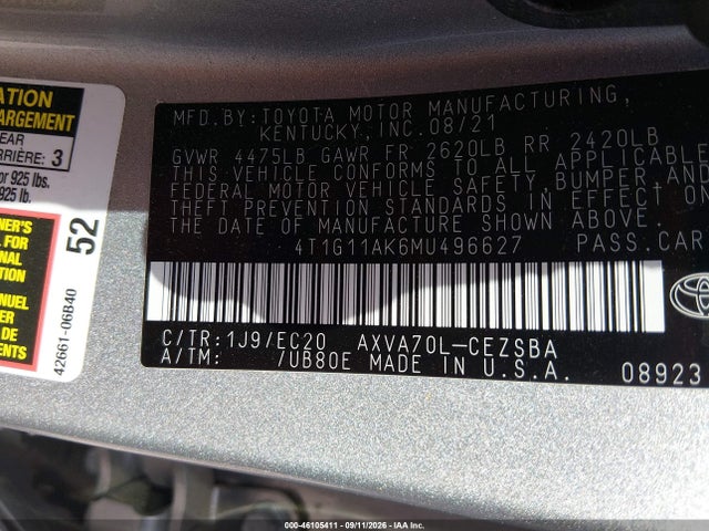 2021 Toyota Camry Se Nightshade Edition მანქანა იყიდება აუქციონზე, vin: 4T1G11AK6MU496627, აუქციონის ნომერი: 46105411