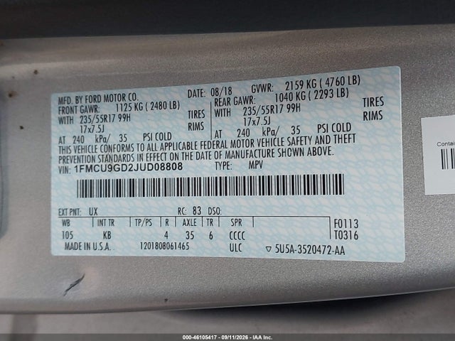 Ford ESCAPE SE 2018 1FMCU9GD2JUD08808 Image 9