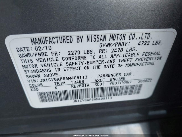 2010 Infiniti G37 Journey მანქანა იყიდება აუქციონზე, vin: JN1CV6AP6AM405113, აუქციონის ნომერი: 46105424