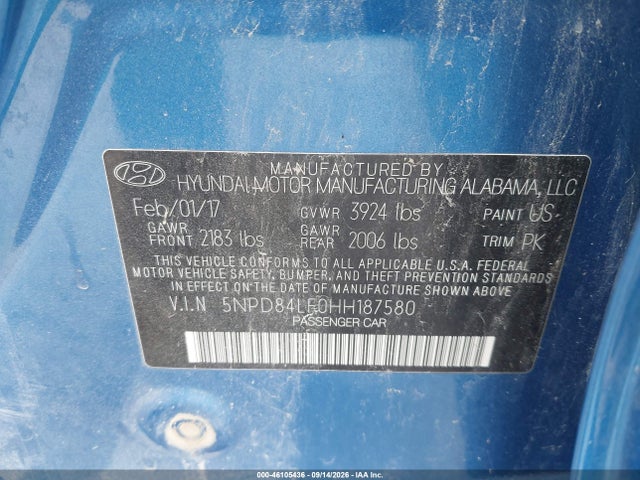 46105436 :رقم المزاد ، 5NPD84LF0HH187580 vin ، 2017 Hyundai Elantra Se مزاد بيع