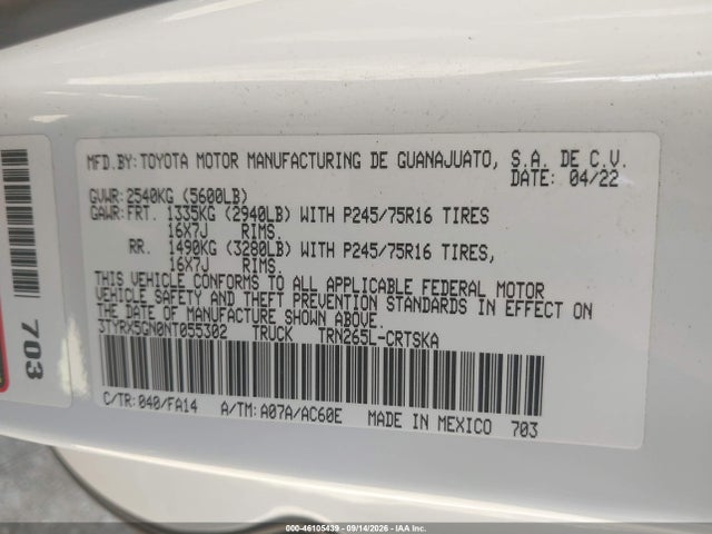 Aukcja sprzedaży 2022 Toyota Tacoma Sr, vin: 3TYRX5GN0NT055302, numer aukcji: 46105439