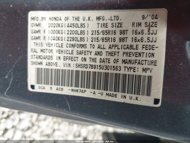 Aukcja sprzedaży 2005 Honda Cr-v Se, vin: SHSRD78915U301563, numer aukcji: 46105442