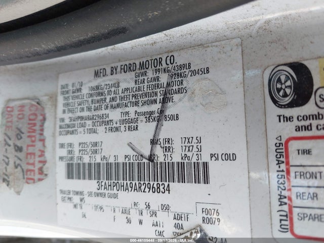 Продажа на аукционе авто 2010 Ford Fusion Se, vin: 3FAHP0HA9AR296834, номер лота: 46105448