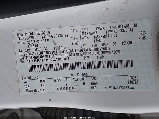 Aukcja sprzedaży 2019 Ford Ranger Xl, vin: 1FTER4FH9KLA80061, numer aukcji: 46105449