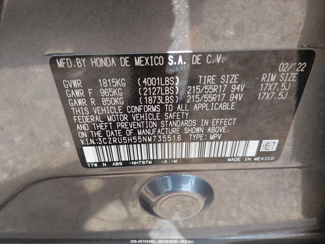 Продажа на аукционе авто 2022 Honda Hr-v 2wd Ex, vin: 3CZRU5H55NM735516, номер лота: 46105460