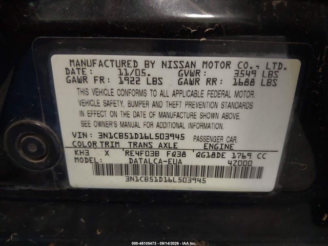 Auction sale of the 2006 Nissan Sentra 1.8, vin: 3N1CB51D16L503945, lot number: 46105473