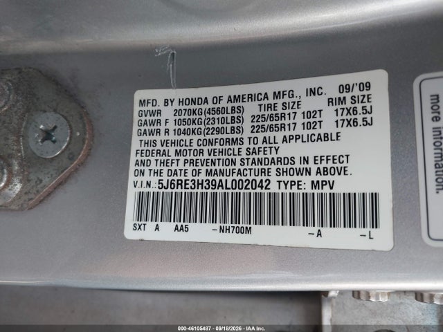 Продаж на аукціоні авто 2010 Honda Cr-v Lx, vin: 5J6RE3H39AL002042, номер лоту: 46105487