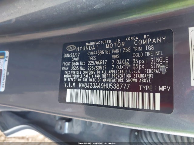 KM8J23A49HU538777 Hyundai TUCSON SE