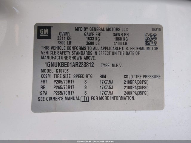 46105493 :رقم المزاد ، 1GNUKBE01AR233812 vin ، 2010 Chevrolet Tahoe Lt مزاد بيع
