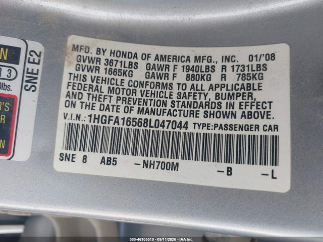 Продаж на аукціоні авто 2008 Honda Civic Lx, vin: 1HGFA16568L047044, номер лоту: 46105510
