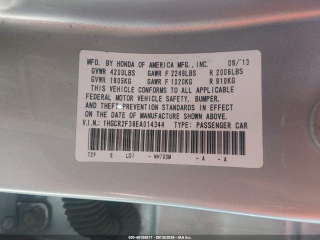 Aukcja sprzedaży 2014 Honda Accord Lx, vin: 1HGCR2F38EA014344, numer aukcji: 46105517