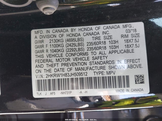 2018 Honda Cr-v Ex-l/ex-l Navi მანქანა იყიდება აუქციონზე, vin: 2HKRW1H83JH509512, აუქციონის ნომერი: 46105518