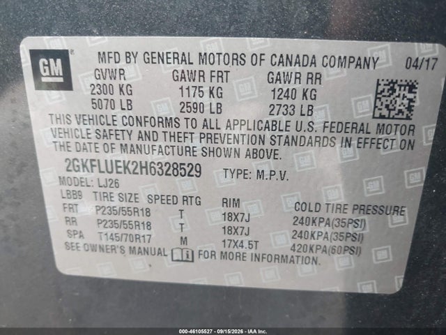 Aukcja sprzedaży 2017 Gmc Terrain Slt, vin: 2GKFLUEK2H6328529, numer aukcji: 46105527