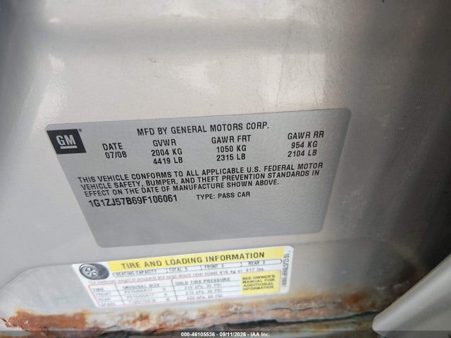 46105536 :رقم المزاد ، 1G1ZJ57B69F106061 vin ، 2009 Chevrolet Malibu Lt مزاد بيع