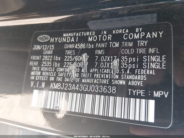 Продажа на аукционе авто 2016 Hyundai Tucson Se, vin: KM8J23A43GU033638, номер лота: 46105540