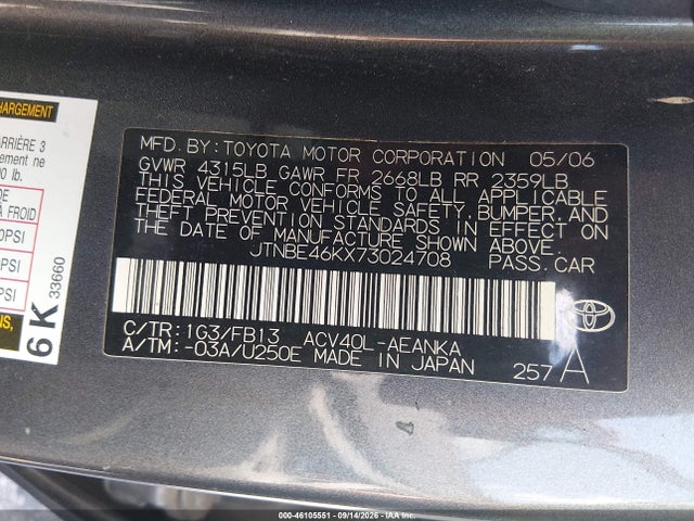 Aukcja sprzedaży 2007 Toyota Camry Le, vin: JTNBE46KX73024708, numer aukcji: 46105551