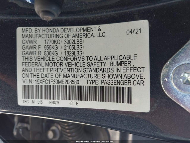 Продажа на аукционе авто 2021 Honda Civic Ex, vin: 19XFC1F30ME208580, номер лота: 46105552