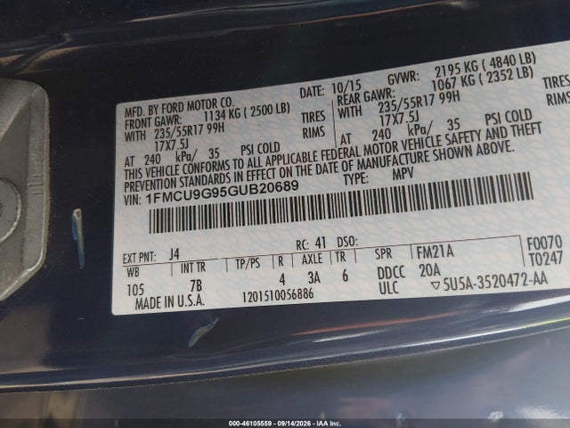 46105559 :رقم المزاد ، 1FMCU9G95GUB20689 vin ، 2016 Ford Escape Se مزاد بيع