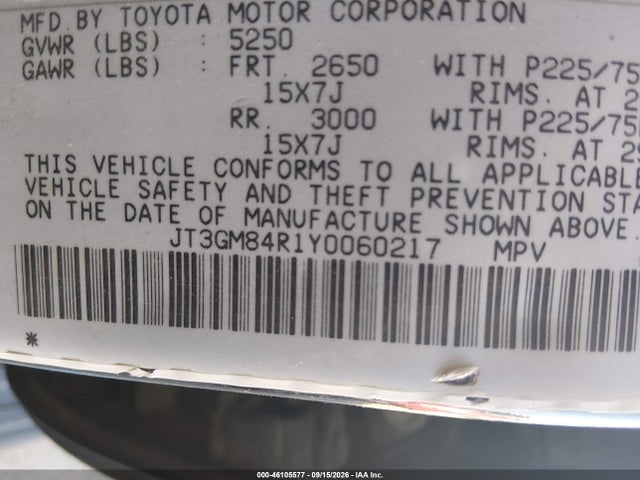 Продаж на аукціоні авто 2000 Toyota 4runner, vin: JT3GM84R1Y0060217, номер лоту: 46105577