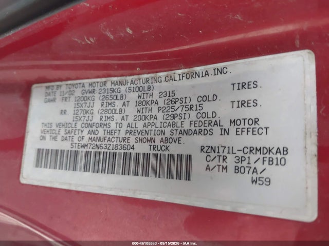 2003 Toyota Tacoma მანქანა იყიდება აუქციონზე, vin: 5TEWM72N63Z183604, აუქციონის ნომერი: 46105583