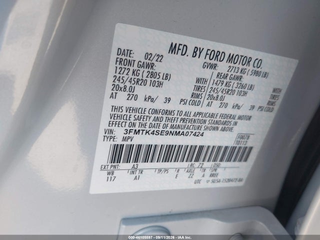 Продаж на аукціоні авто 2022 Ford Mustang Mach-e Gt, vin: 3FMTK4SE9NMA07424, номер лоту: 46105597