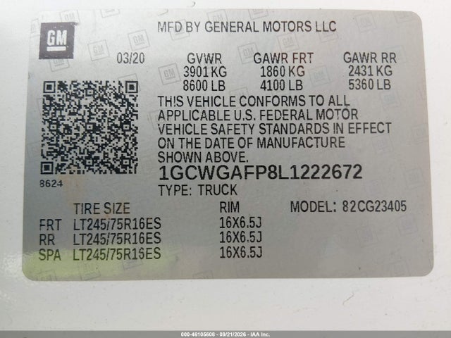 46105608 :رقم المزاد ، 1GCWGAFP8L1222672 vin ، 2020 Chevrolet Express Cargo Rwd 2500 Regular Wheelbase Wt مزاد بيع