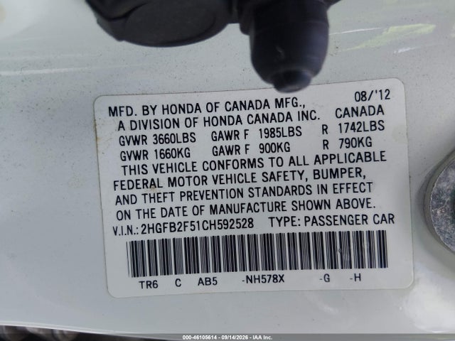 2012 Honda Civic Lx მანქანა იყიდება აუქციონზე, vin: 2HGFB2F51CH592528, აუქციონის ნომერი: 46105614